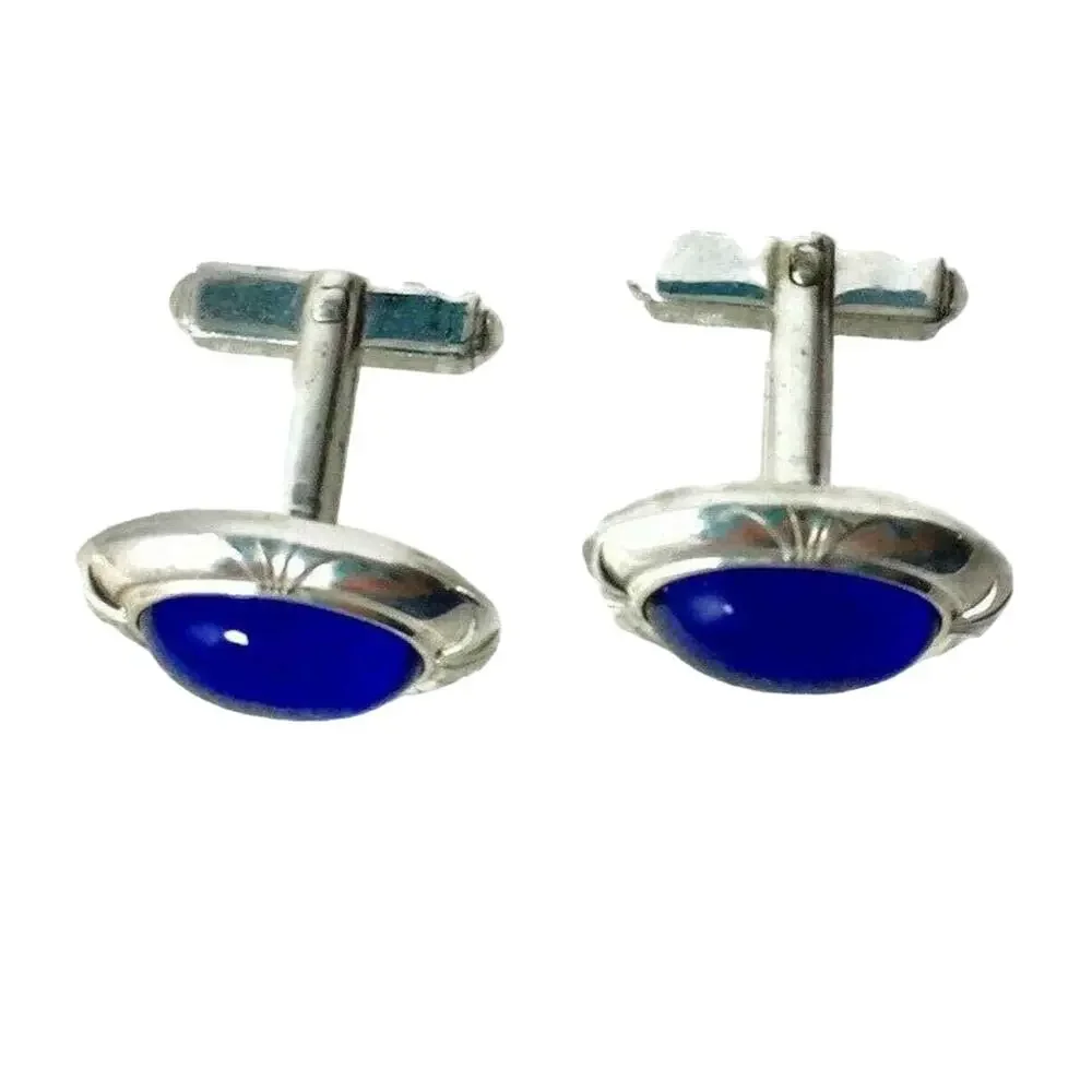 Anson‎ Cuff Links Oval Blue Stone Silvertone  Vintage Estate Jewelry Marked